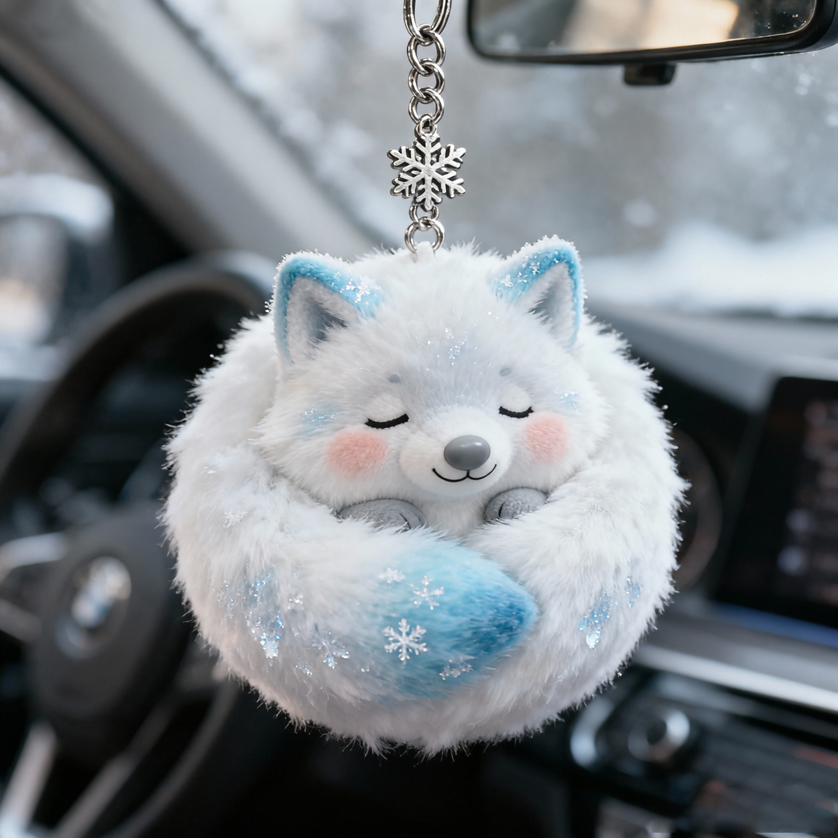 Snowy Nap Fox Plush Keychain (Fluffy Winter Car Charm)