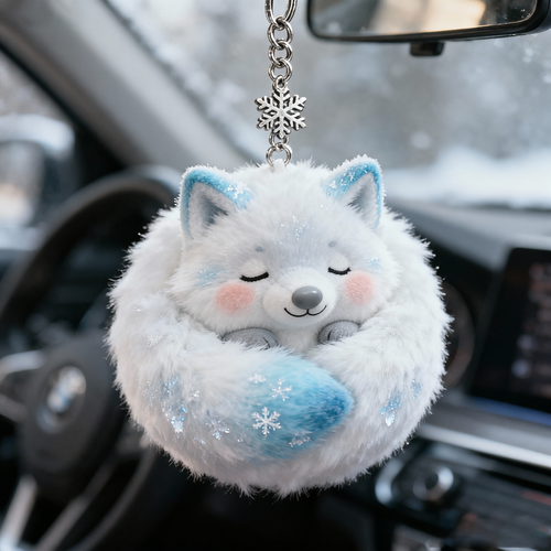 Snowy Nap Fox Plush Keychain (Fluffy Winter Car Charm)