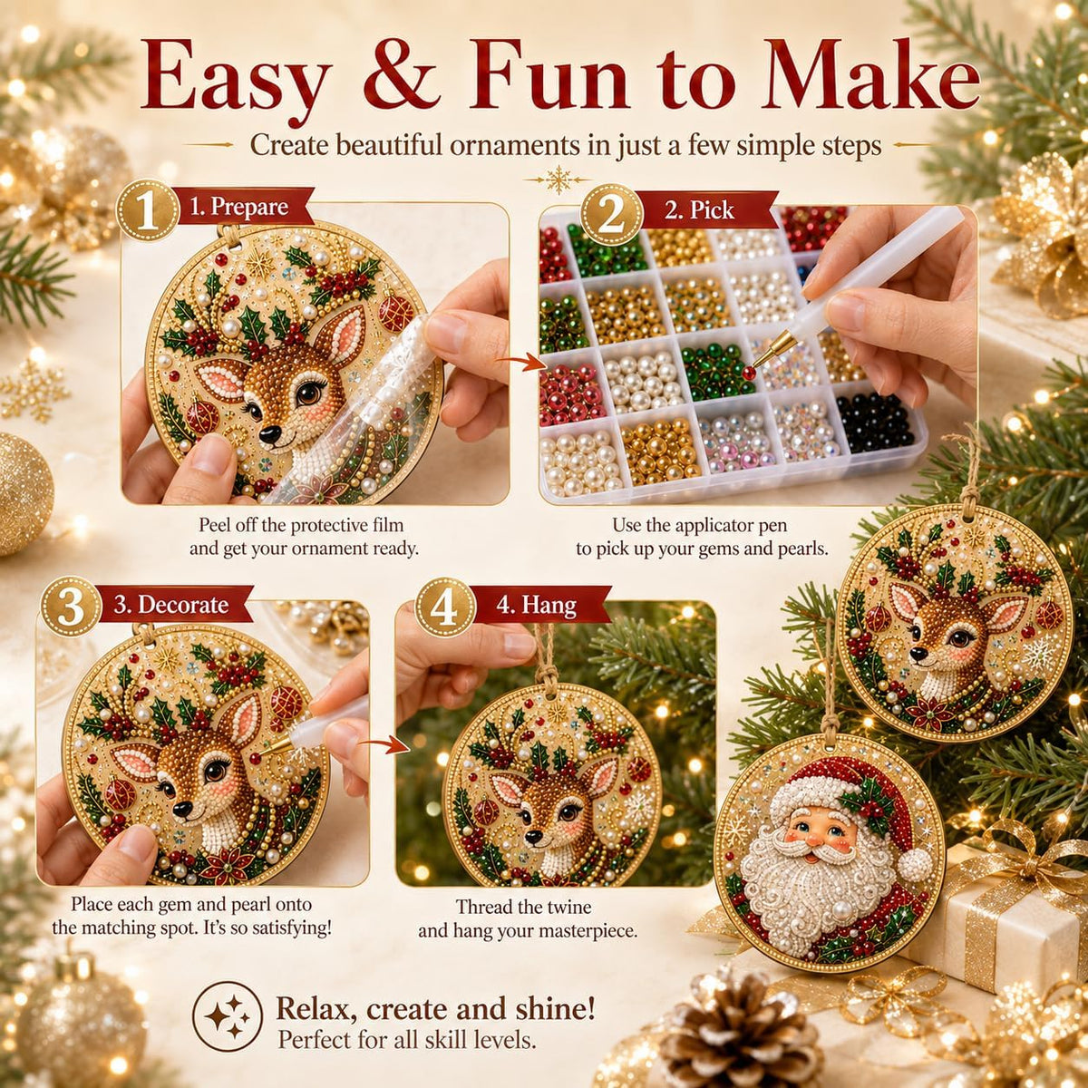 REBYIPO®🎄DIY Diamond Painting Christmas Ornaments – 6Pc Set